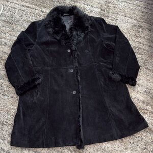Vintage Utex Women's Black suede leather Coat with rabbit Fur Trim sz 2X